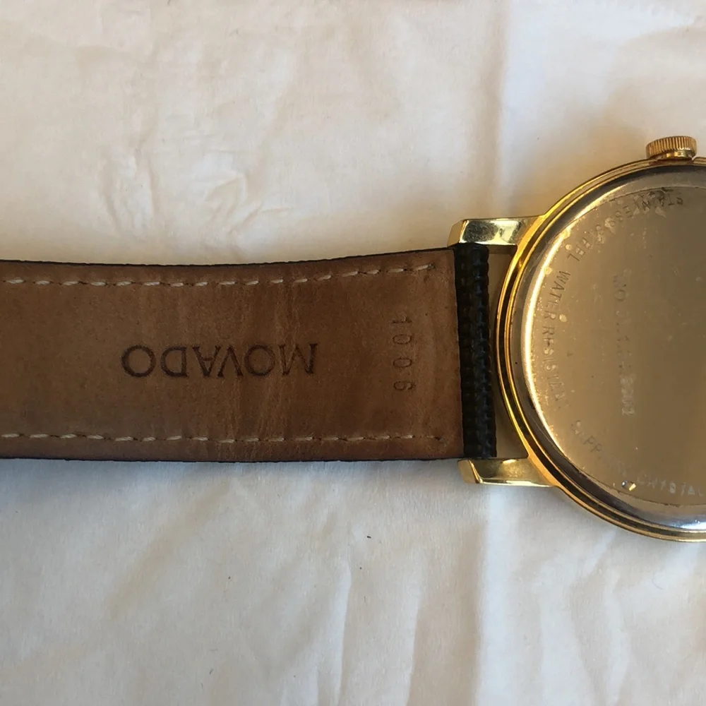 Movado Leather Watch - Grained Black Leather with Gold